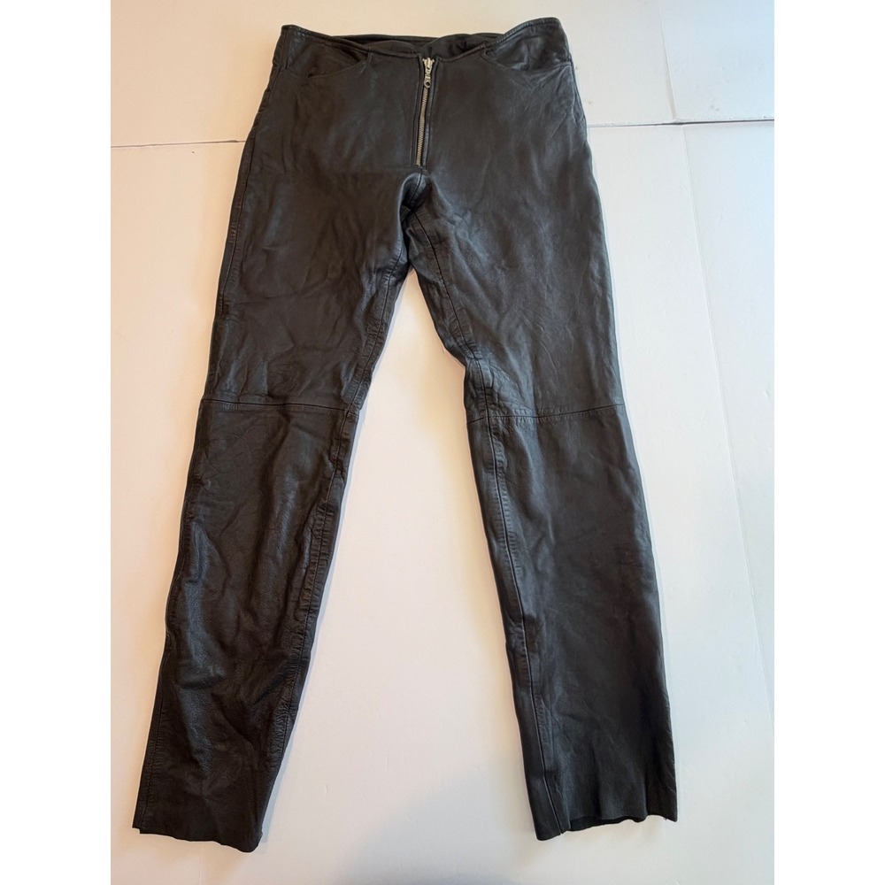 First Genuine Leather Black Pants Vintage Biker Straight Leg Exposed Zip Size 12